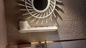 Hair dryer, towels, soap, toilet paper