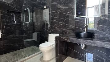 Shower, towels, toilet paper
