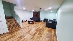 Smart TV, fireplace, books