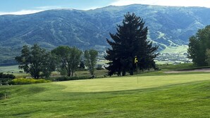 Ein Golfplatz mit Fahnenstange, Bäumen und Bergen im Hintergrund.