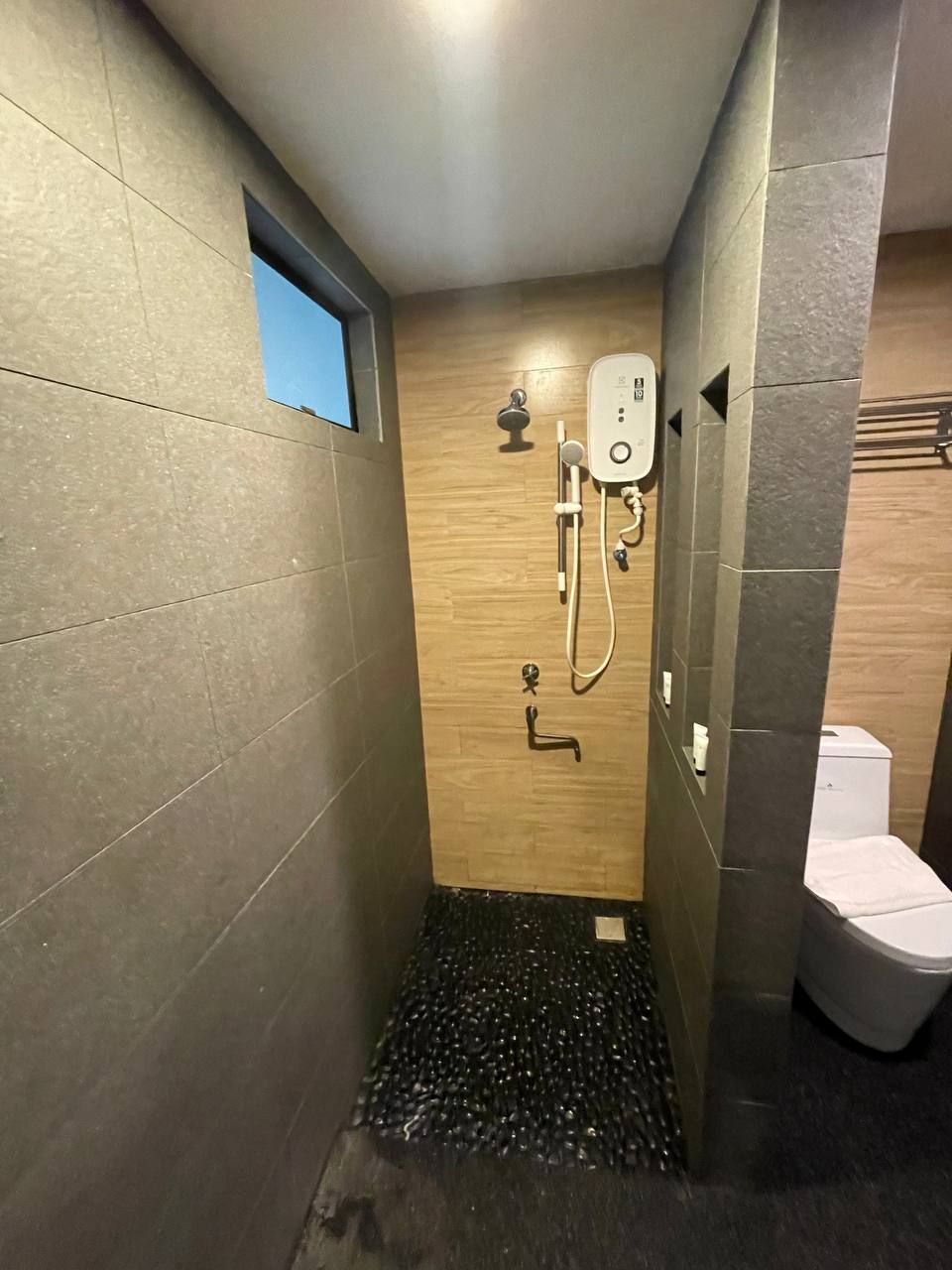 A small, modern shower stall with a wooden wall, a handheld showerhead, and a toilet.