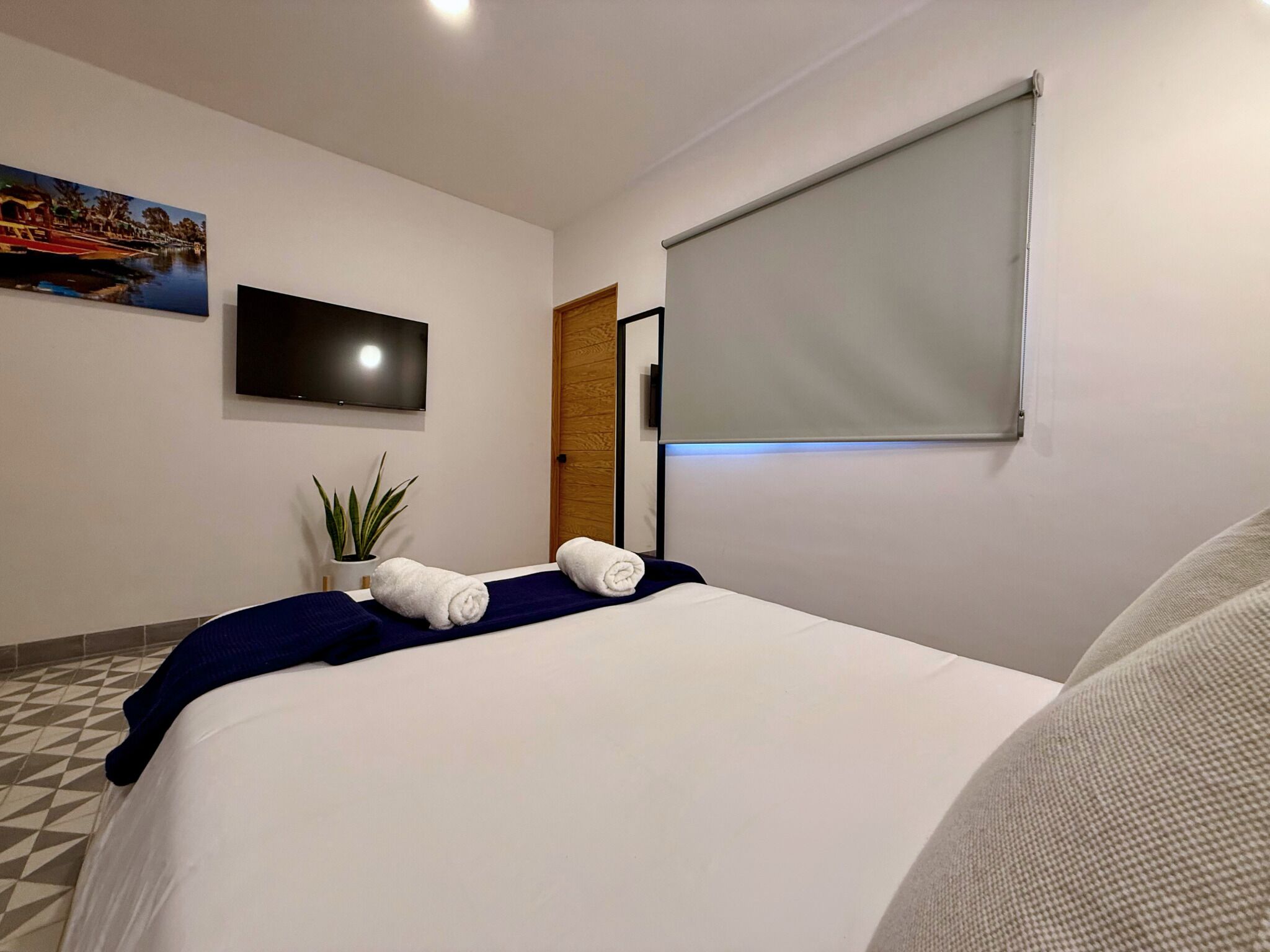 Habitación de hotel con una cama, un televisor de pantalla plana en la pared, una planta en maceta y una ventana con persiana.