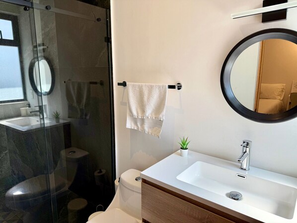 Douche, séchoir à cheveux, serviettes fournies, savon