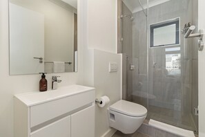 Douche, séchoir à cheveux, serviettes fournies, savon