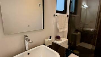 Shower, hair dryer, towels, soap