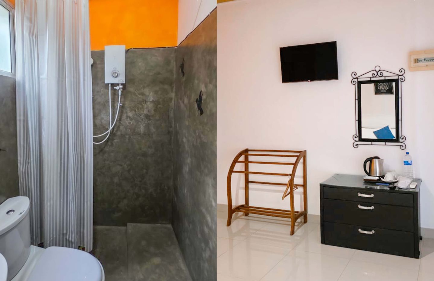 Ein Badezimmer mit Dusche, Toilette und Waschbecken. Ein Fernseher ist an der Wand montiert und über einer Kommode befindet sich ein Spiegel.