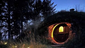 A Hobbit-style house with a round door and windows, surrounded by grass and trees.