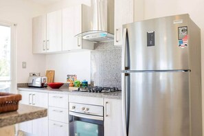 Fridge, oven, stovetop, cookware/dishes/utensils