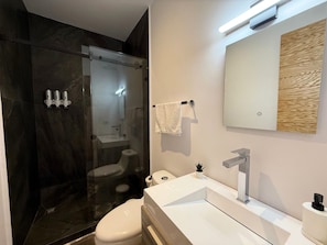 Shower, hair dryer, towels, soap