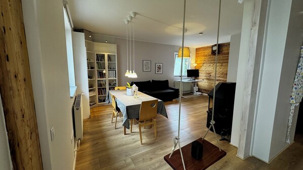 TV, fireplace, books, computer monitors