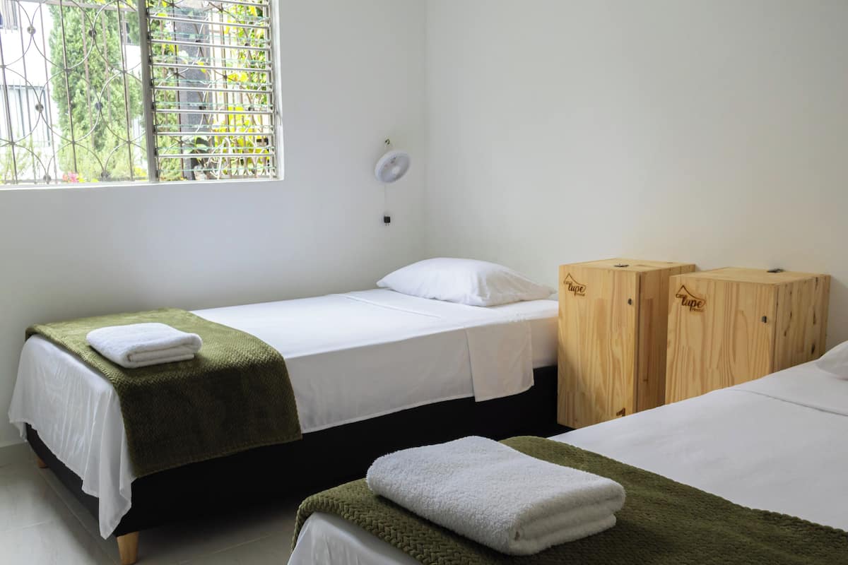 Une chambre avec deux lits simples, une fenêtre donnant sur un espace verdoyant, un mur blanc et un petit ventilateur blanc.