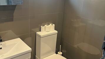 Hair dryer, towels, soap, toilet paper