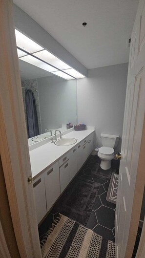 Bidet, towels, soap, toilet paper