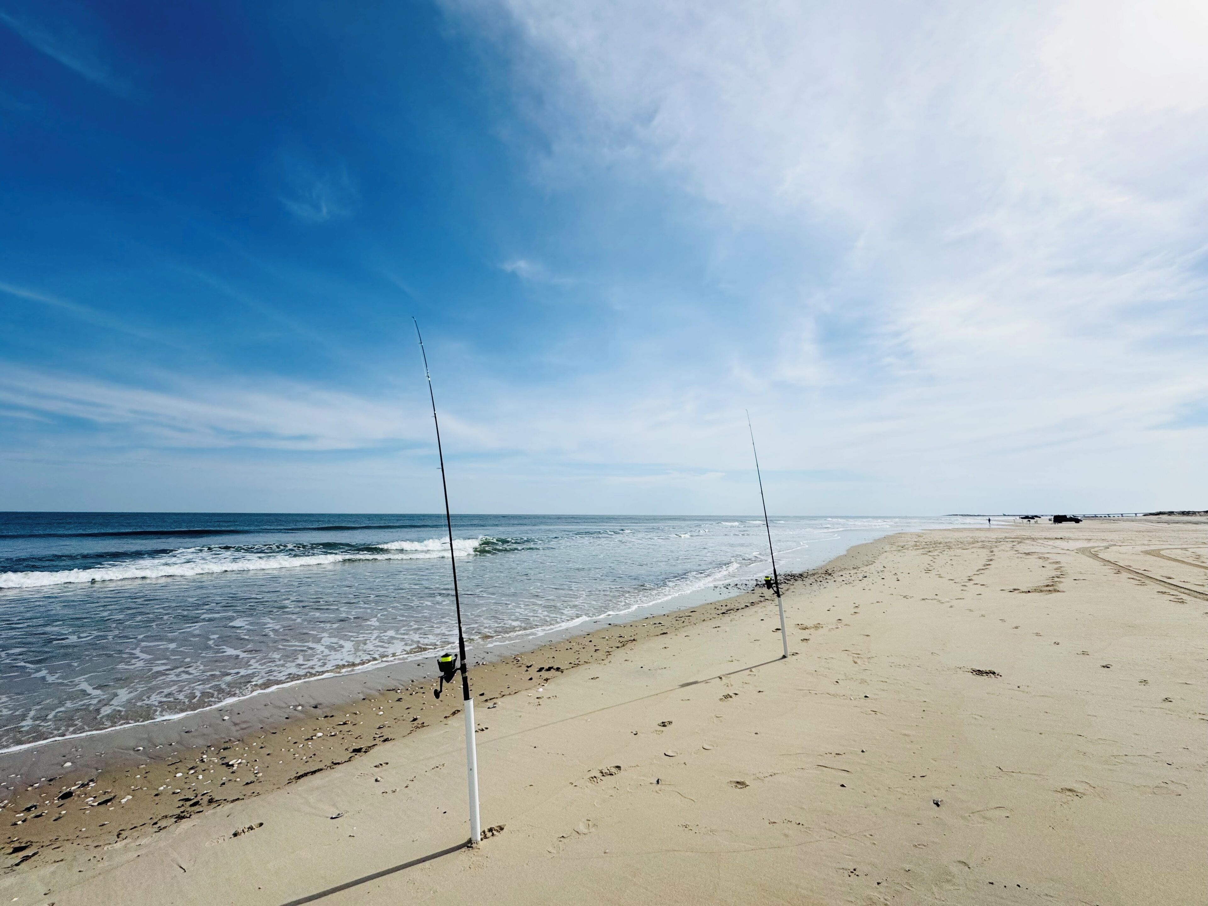 A beach with two fishing rods set up on the sand, a clear sky, and the ocean in the background.