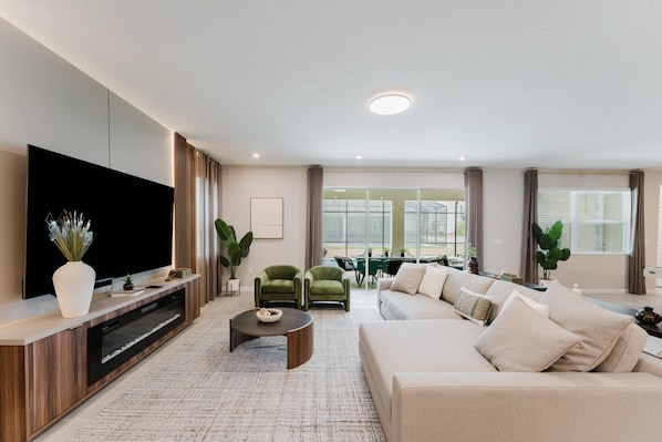 Smart TV, fireplace, ping pong