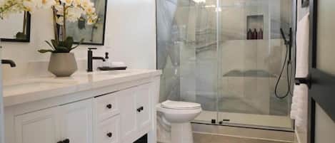 Shower, hair dryer, towels, shampoo