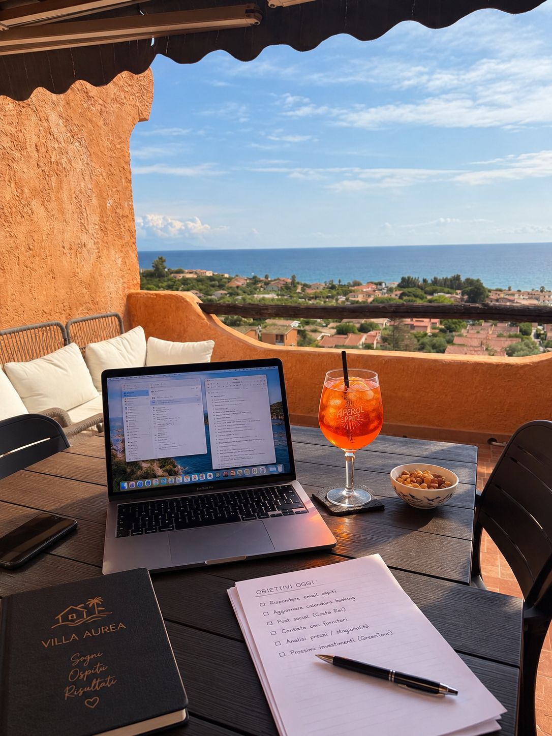 A laptop on a table with a view of the sea, a glass of drink, a notebook, and a pen.