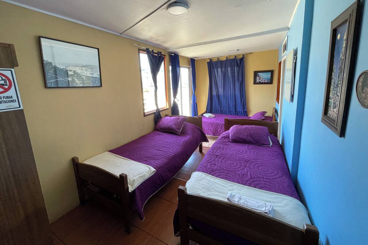 Une chambre avec deux lits simples, une fenêtre avec des rideaux, un tableau encadré au mur et un panneau indiquant qu'il est interdit de fumer.