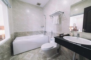 Hair dryer, towels, soap, shampoo