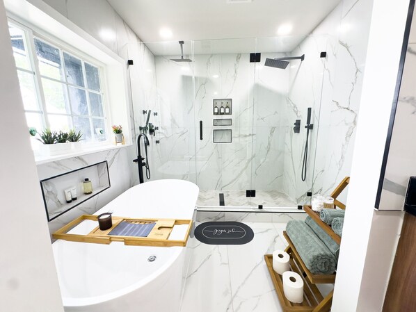 Hair dryer, towels, soap, toilet paper