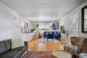 TV, fireplace, books