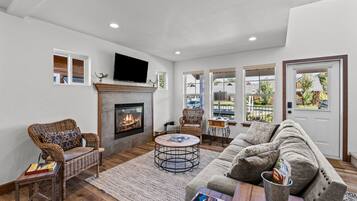 TV, fireplace, books