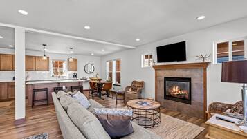 TV, fireplace, books