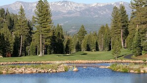 Un campo de golf con un estanque, rodeado de altos pinos y montañas al fondo.
