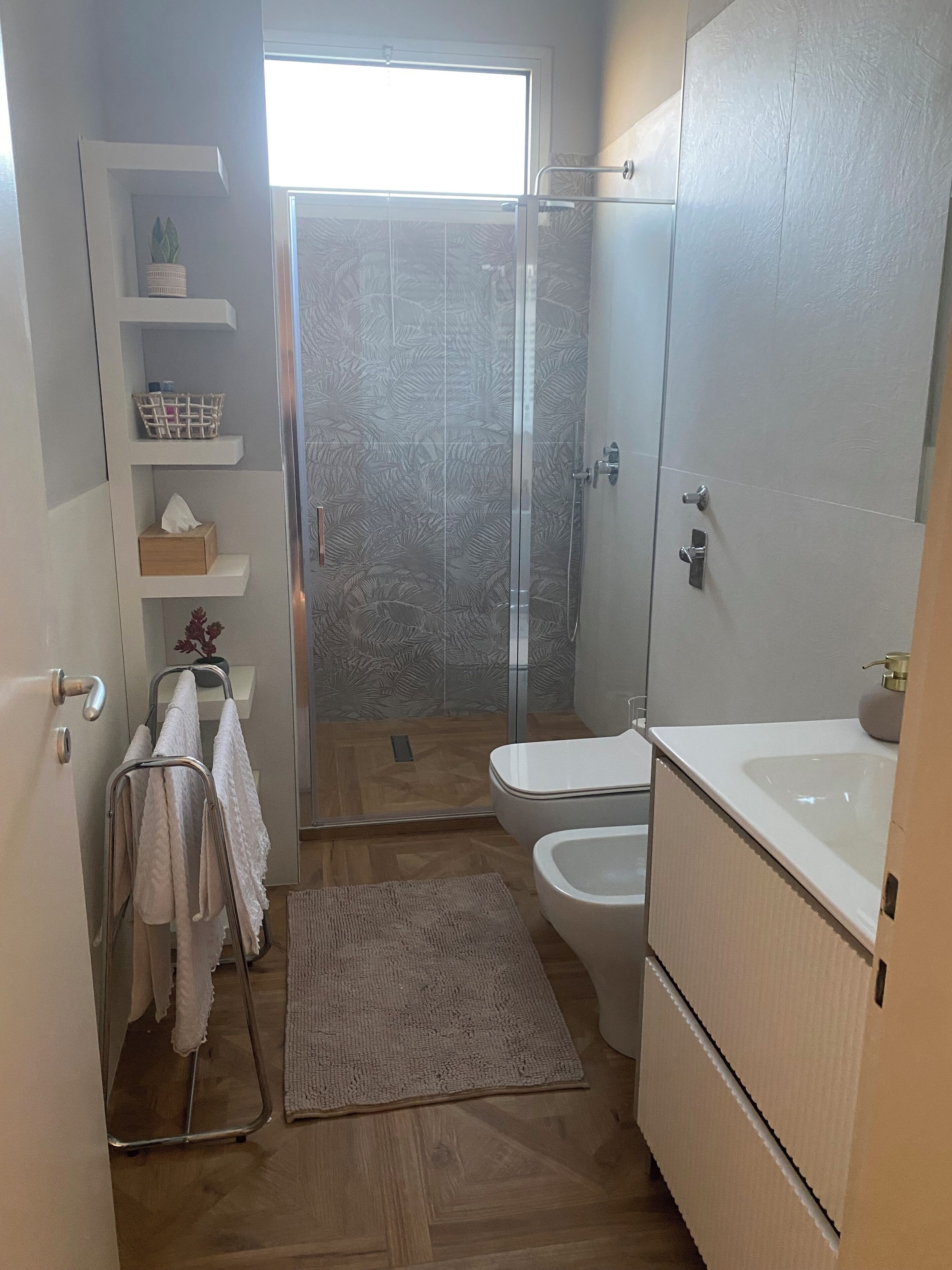 Shower, hair dryer, bidet, towels