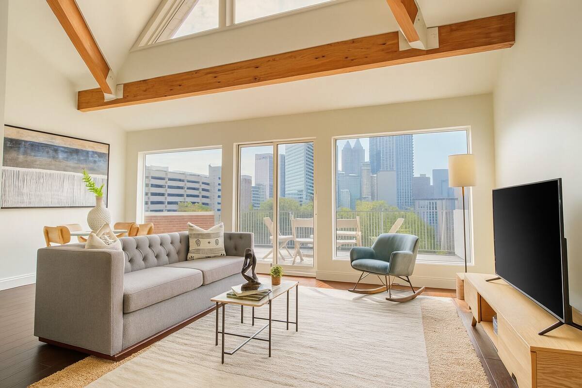 A spacious living room with a grey sofa, a coffee table, a TV, and a city view through large windows.