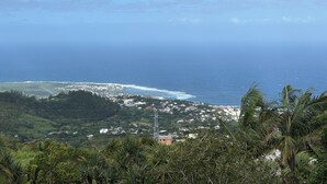 A coastal town with a view of the ocean, surrounded by greenery and hills. - Le NID chalet classė 3*** between sea and mountains (Les Avirons)