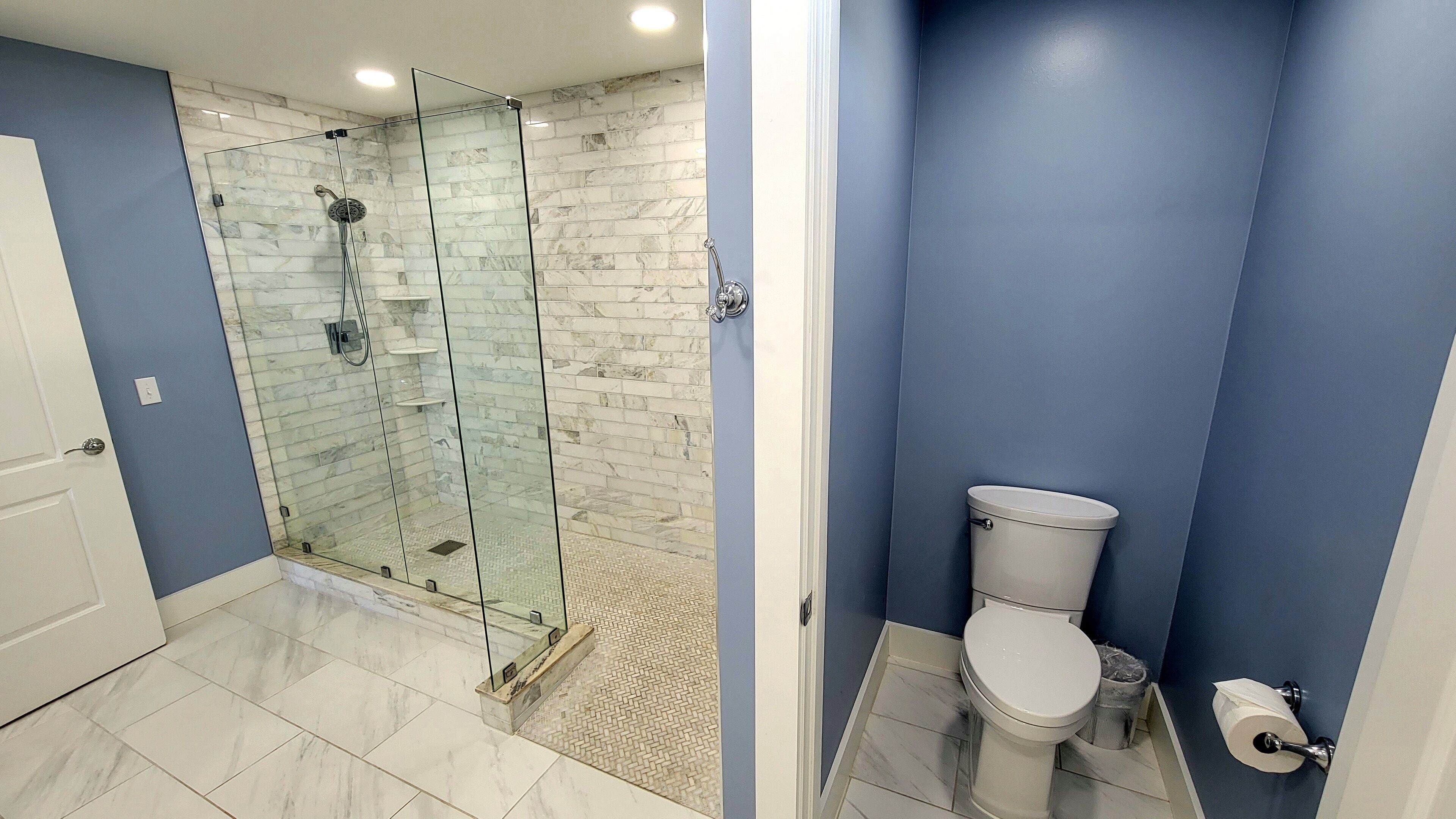 Une salle de bain avec une douche à parois de verre, des toilettes et une porte blanche.