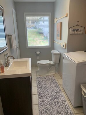 Shower, towels, soap, shampoo