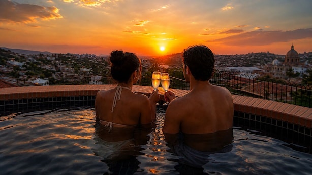 Una pareja en un jacuzzi con vista al atardecer sobre un paisaje urbano.