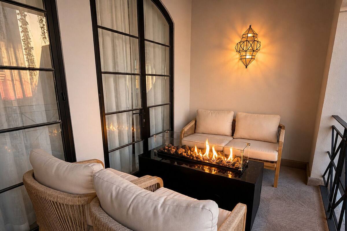 Un coin salon accueillant avec des fauteuils en osier et un canapé, une table basse en verre avec un foyer intégré et un luminaire fixé au mur.