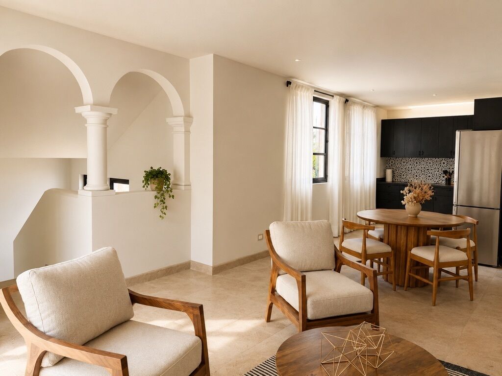 Un salon moderne avec un coin repas, comprenant une table à manger en bois, des chaises et un canapé.