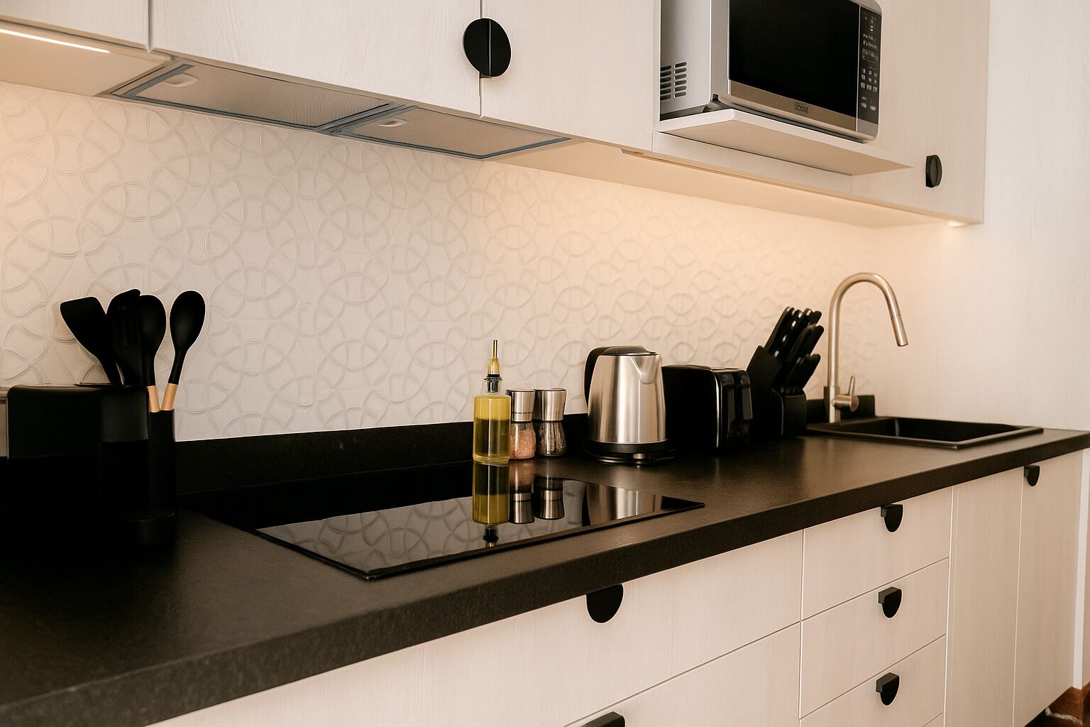 Fridge, microwave, espresso maker, coffee/tea maker