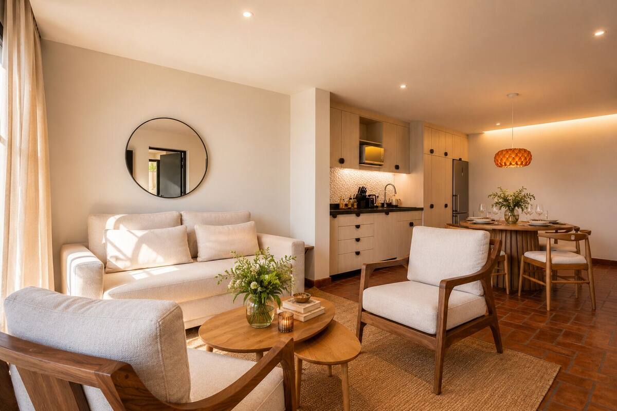 Un salon moderne comprenant un canapé, des fauteuils, une table basse et un coin repas avec une table dressée pour six personnes.