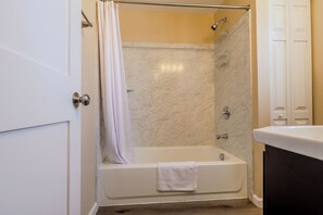 Hair dryer, towels, soap, toilet paper