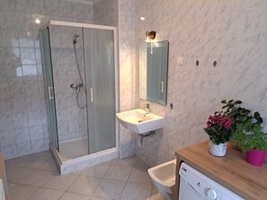 Shower, hair dryer, bidet, towels