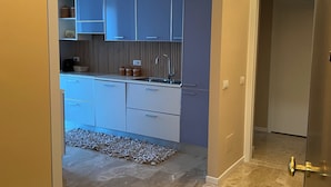 A modern kitchen with blue cabinets, a granite countertop, and a small rug. - Apartment near american school from the center of milan from IEO and Humanitas (Noverasco)