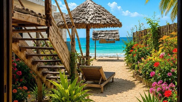 A beach pathway leading to a wooden staircase and a thatched umbrella, with a beach and ocean view. - Zanzibar beach escape  (Bwejuu)