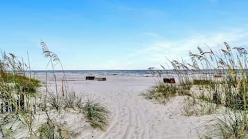 A sandy beach path leading to the ocean, surrounded by tall grasses and a clear sky.