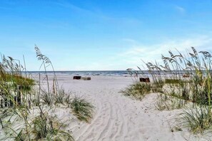 A sandy beach path leading to the ocean, surrounded by tall grasses and a clear sky.