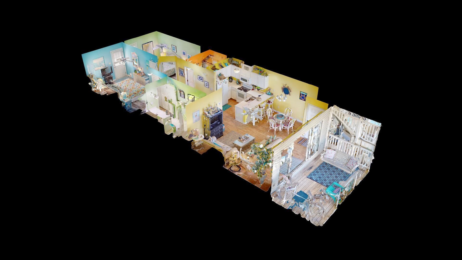 Ein 3D-Modell eines Hotelzimmers mit Bett, Schreibtisch, Stuhl und einer kleinen Küchenzeile.