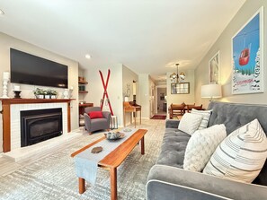 Smart TV, fireplace, books