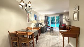 Smart TV, fireplace, books