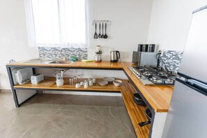 Fridge, stovetop, cookware/dishes/utensils