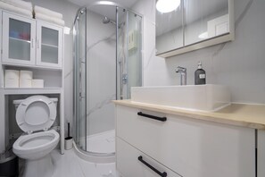 Dusche, Haartrockner, Handtücher, Seife