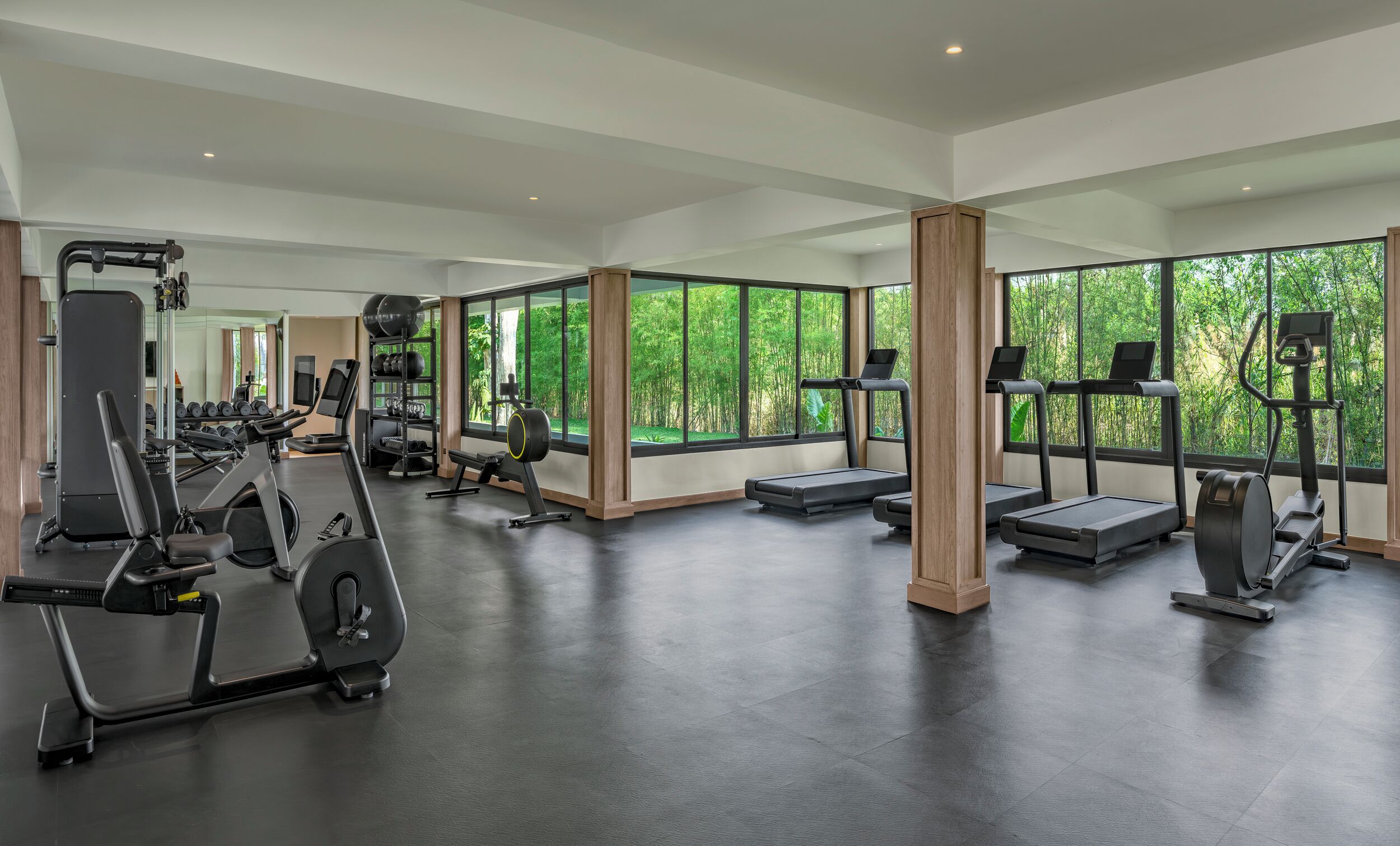 Une salle de sport moderne équipée de machines de cardio, de postes de musculation et de grandes fenêtres donnant sur un espace verdoyant.